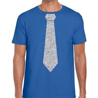 Bellatio Blauw fun t-shirt met stropdas in glitter zilver heren