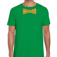 Bellatio Groen fun t-shirt met vlinderdas in glitter goud heren