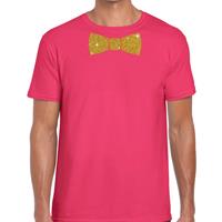 Bellatio Roze fun t-shirt met vlinderdas in glitter goud heren