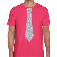 Bellatio Roze fun t-shirt met stropdas in glitter zilver heren