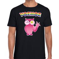 Bellatio Yoehoe gay pride knipogende roze uil t-shirt - Zwart