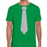 Bellatio Groen fun t-shirt met stropdas in glitter zilver heren