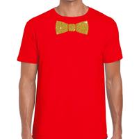 Bellatio Rood fun t-shirt met vlinderdas in glitter goud heren