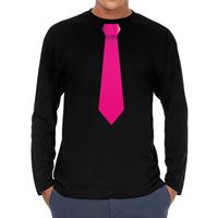 Bellatio Stropdas fuchsia roze long sleeve t-shirt zwart voor heren- Zwart