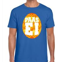 Bellatio Blauw Paas t-shirt met oranje paasei - Pasen shirt voor heren - Pasen kleding