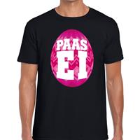 Bellatio Zwart Paas t-shirt met roze paasei - Pasen shirt voor heren - Pasen kleding