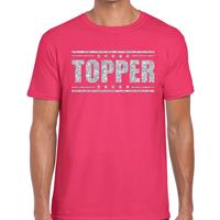 Bellatio Roze Topper shirt in zilveren glitter letters heren - Toppers dresscode kleding