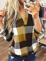 BERRYLOOK Casual Cotton Plaid V-neck Long Sleeve Top
