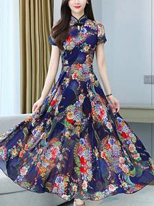 BERRYLOOK Ladies Elegant Short Sleeve Printed Long Cheongsam Dress