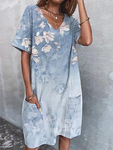 BERRYLOOK V-neck Floral Print Two-pocket Short-sleeve Short Dress