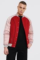 Boohoo Piping Western Embroidered Satin Bomber, Pink