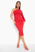 Boohoo Asymmetric Ruched Midi Dress, Red