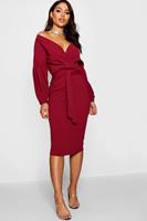 Boohoo Recycled Off The Shoulder Wrap Midi Dress, Berry