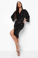 Boohoo Sequin Twist Front Midi Dress, Black