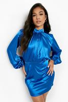 Boohoo Petite Satin High Neck Puff Sleeve Mini Dress, Cobalt