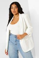Boohoo Plus Stretch Woven Ruched Sleeve Blazer, Ivory