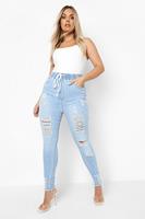 Boohoo Plus Versleten Skinny Jeans Met Elastische Taille, Light Wash