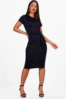 Boohoo Pleat Front Belted Tailored Midi Dress, Navy
