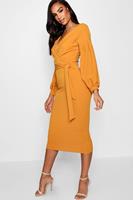 Boohoo Tall Wikkel Midi Bodycon Jurk Met Open Schouders, Amber