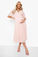 Boohoo Maternity Wrap Pleated Skater Midi Dress, Baby Pink