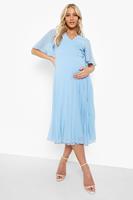 Boohoo Maternity Wrap Pleated Skater Midi Dress, Baby Blue