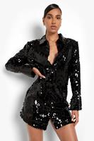 Boohoo Sequin Split Cuff Power Shoulder Shirt Dress, Black