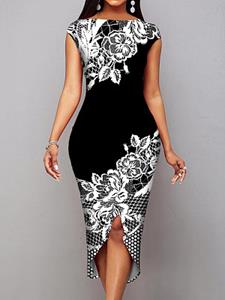 BERRYLOOK Summer Fashion Crew Neck Floral Print Asymmetric Dress