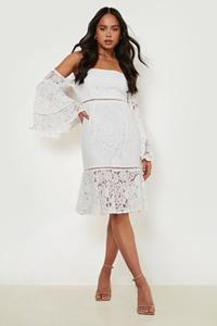 Boohoo Petite Lace Crochet Trim Bardot Midi Dress, White
