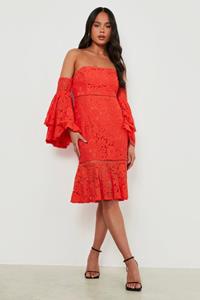 Boohoo Petite Lace Crochet Trim Bardot Midi Dress, Red Orange