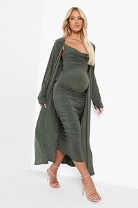Boohoo Maternity Strappy Cowl Neck Dress And Duster Coat, Light Khaki