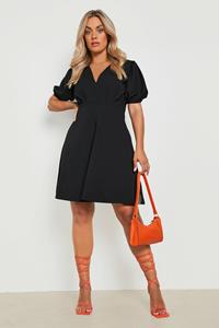 Boohoo Plus Puff Sleeve Skater Dress, Black