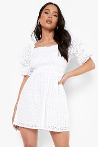 Boohoo Petite Broderie Puff Sleeve Shirred Dress, White