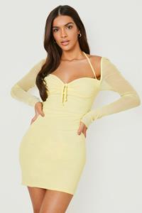 Boohoo Mesh Bodycon Mini Jurk Met Lange Mouwen, Chartreuse