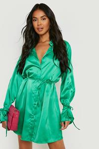 Boohoo Satin Tie Cuff & Waist Shirt Dress, Emerald
