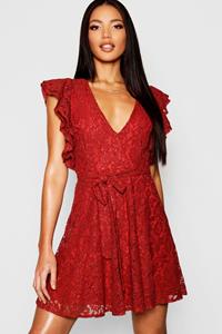 Boohoo Lace Ruffle Sleeve Skater Dress, Terracotta