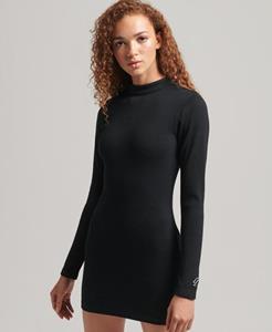 Superdry Vrouwen Geribde Aansluitende Mini-jurk met Lange Mouwen Zwart Grootte: 36