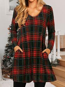 BERRYLOOK Christmas Check Print V-neck Loose Short Dress