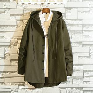 SaraMart Fashion Korean style loose solid color men's hooded windbreaker large size mid-length Hot Sale spot goods