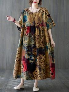 SaraMart Kornische Veion des Somme im neuen Stil, altendernder ethnischer Stil aus Baumwolle und Leinen, kurzärmeliges großes ro-rbkleid weiblich