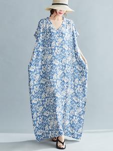 SaraMart Sommer neuer Stil literarischer V-Ausschnitt Baumwolle Seide Fledermausärmel loses Kleid weibliche Robe 240 kg