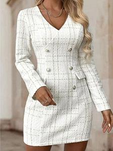 BERRYLOOK V-neck Slim-fit Plaid Double-breasted Long-sleeve Short Dress