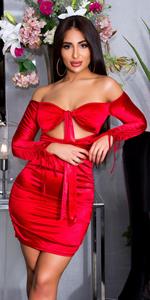 Cosmoda Collection Sexy ruffled off-shoulder satijnen jurk rood