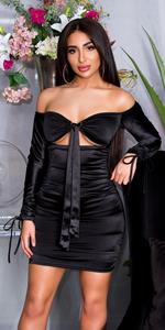 Cosmoda Collection Sexy ruffled off-shoulder satijnen jurk zwart