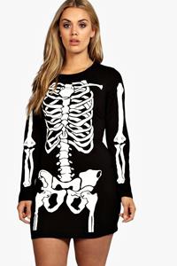 Boohoo Plus Halloween Bodycon Jurk Met Skelet, Zwart