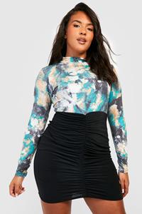 Boohoo Plus Tie Dye Two Tone Bodycon Jurk, Black