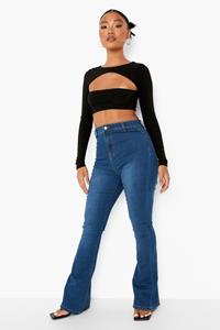 Boohoo Petite Skinny Jeans Met Wijd Uitlopende Pijpen En Hoge Taille, Mid Blue