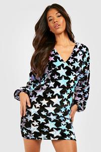 Boohoo Tall Fluwelen Glitter Sterren Jurk Met Pailletten En Engelenmouwen, Black