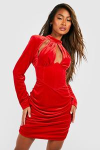 Boohoo Fluwelen Premium Mini Party Dress Met Korset Detail, Red