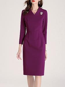 BERRYLOOK Elegant Slim-fit Solid Color Long-sleeved V-neck Dress