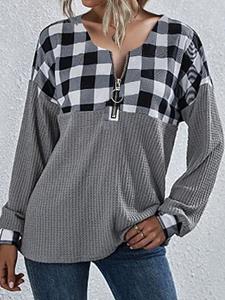 BERRYLOOK Casual Plaid Stitching Zipper V-Neck Long-Sleeved Sweatershirt